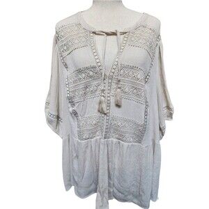 Torrid Beige Embroidered Top Size 4X Babydoll Silhouette Tassel-Tie Neckline
